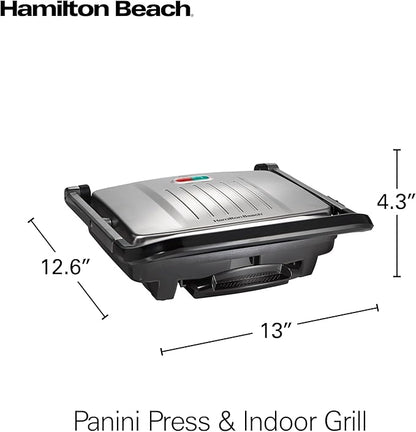 Hamilton Beach Panini Press, Sandwich Maker & Electric Indoor Grill, Upright Storage, PFAS-Free Nonstick Easy Clean Grids, Stainless Steel (25410)
