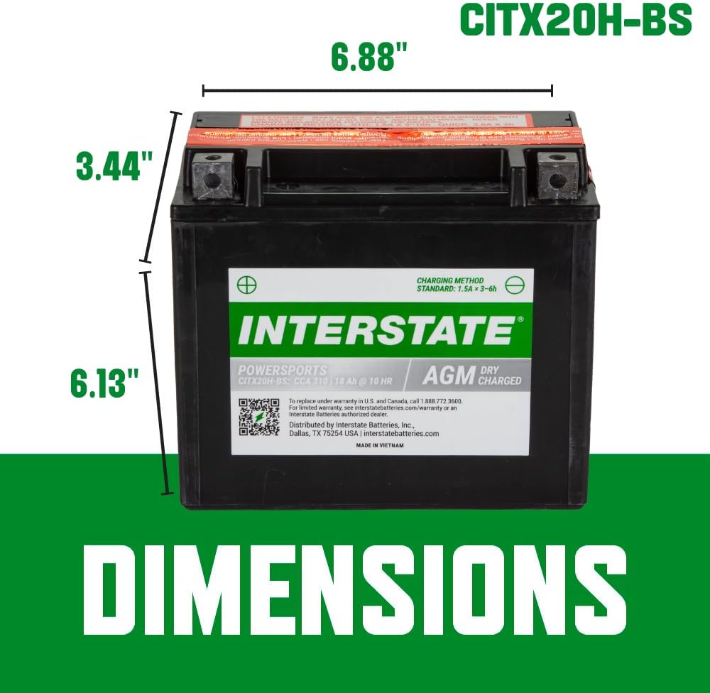 Interstate Batteries YTX20H-BS 12V 18Ah Powersports Battery 310CCA High-Performance AGM Rechargeable Replacement for Arctic Cat, Harley Motorcycles, Bikes, ATVs, Jet Skis, Snowmobiles (CITX20H-BS)