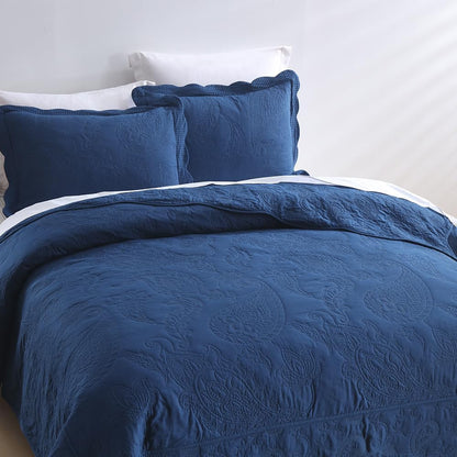 Cotton Bedspread Quilt Sets, Real Patchwork Bedding Sets with Luxury Floral Paisley Pattern, 3 Pieces Reversible Soft Lightweight Coverlet for All Season, Navy Blue, King Size
