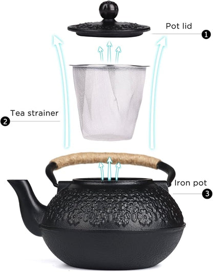 Sotya Cast Iron Teapot, 40oz/1200ml Japanese Tetsubin Tea Pot with Infuser for Loose Leaf and Tea Bags, Tea Kettle Coated with Enameled Interior for Stove Top, Black