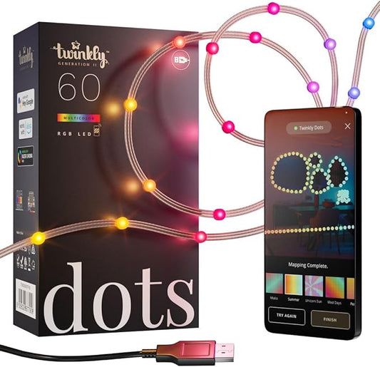 Twinkly Dots String Lights App-Controlled Flexible LED Color Changing String Lights, 60 RGB (16 Mil. Colors). 60 LED / 10 Ft Clear Wire. USB-Powered Indoor Smart Home Lighting Decoration