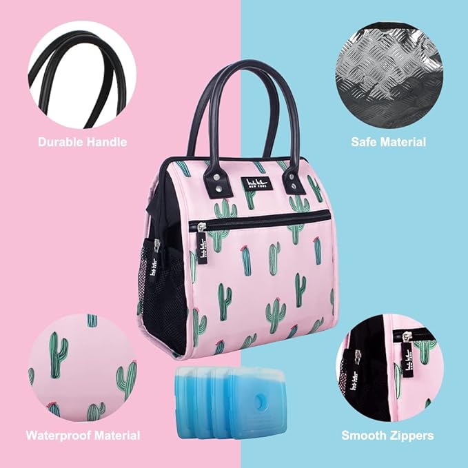 Nicole Miller Insulated Lunch Bag Tote Thermal Soft Side Wide-Open Cooler Ice Bag Lunch Box for Food with Drink Bottle Holder