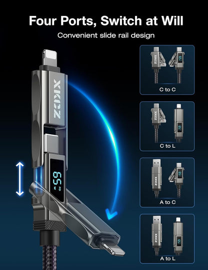 4 in 1 USB C Cable with Wattage Display, 65W Round Nylon Braided Multi Charging Cable with Data Sync, USB C Charging Cord Combo Type C/USB A/iPhone Port for iPhone/iPad/Samsung/Laptop, 3FT