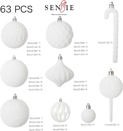 Senjie 63pcs Velvet Christmas Balls Bulk Flocked Christmas Tree Ball Ornaments Plastic Balls Xmas Hanging Ornaments Christmas Tree Decor Cream