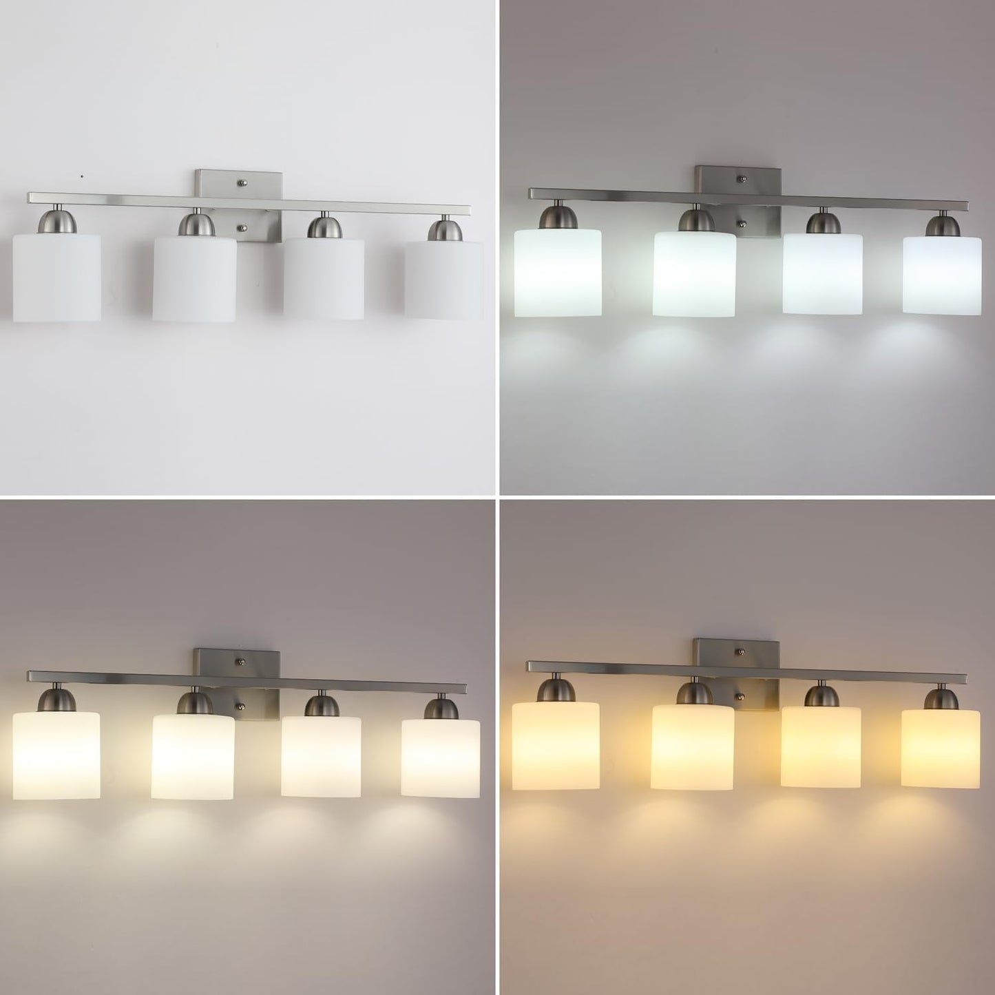 Stainless Steel Milk Glass Vanity Lights for Bathroom, 4 Light Brushed Nickel Bathroom Light Fixtures Over Mirror, Ceramic E26 Sockets Wall Mounted