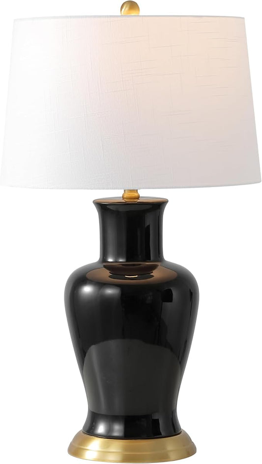 JONATHAN Y 29" Black Traditional Ceramic Urn LED Table Lamp for Bedroom Decor, White Linen Drum Shade, Classic Nightstand Lamp for Living Room, LED Bulb Included (JYL4026F)