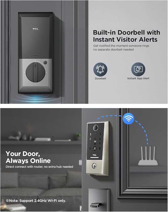 TCL Smart Lock D2 Plus, Fingerprint Door Lock with Keyless Entry Security Electronic Deadbolt for Front Door, Built-in Doorbell, Compatible with Alexa, Auto Lock, Easy Install