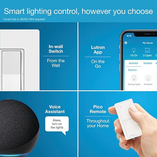 Lutron Claro Smart Light Switch for Caseta Lighting, for LED Lights, Fans, 5 Amp, Single-Pole/3-Way, Neutral Required, DVRF-5NS-BR, Brown