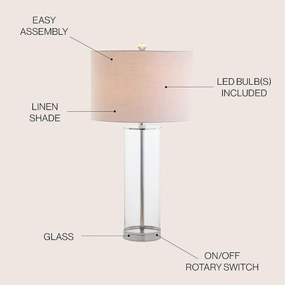 JONATHAN Y 29" Clear/Chrome Modern Glass Table Lamp for Living Room Bedroom, Minimalist Nightstand Bedside Lamp, White Linen Drum Shade, LED Bulb Included JYL2004A
