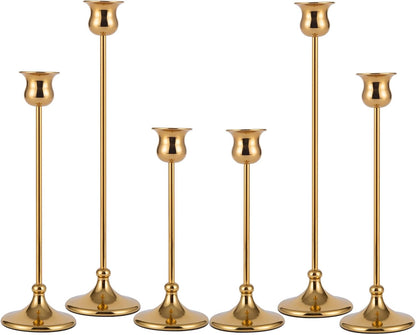 Taper Candle Holder Tall Vintage Metal Candlestick Holders Candle Stick Candelabra for Halloween Thanksgiving Christmas Holiday Wedding (Gold, 2 Sets (6 pcs))