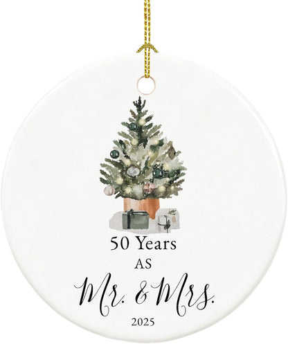 50th Anniversary Ornament Gifts for Parents,Couple, 50th Wedding Anniversary for 50 Year as Mr and Mrs Gifts, Ceramic Keepsake 50th Anniversary Christmas Ornaments with Ribbon and Box