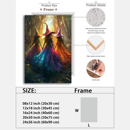 Halloween Room Decor Wall Art Colorful Witch Prints,Vintage Three Colorful Witches in Forest Halloween Posters,Fall Fantasy Aesthetic Pictures Playful Art Wall Decor for Bedroom,24"x36" Framed