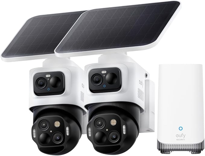eufy Security eufyCam S4 2-Cam Kit,4K Solar Camera Wireless Outdoor, Triple Lens Bullet-PTZ Cam, 360° View, Cross-Cam Track, AI Recognition, 8X Zoom, Color Night Vision, 0 Monthly Fee, Local Storage