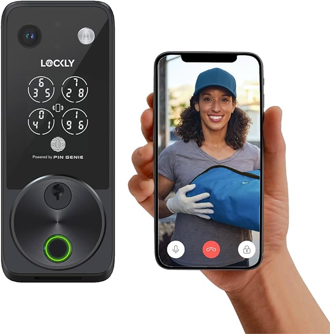 Lockly Vision Zeno Smart Lock with Video Doorbell Camera, Fingerprint Keyless Entry with Apple Home Key, Wi-Fi Deadbolt for Front Door, PIN Genie Keypad, App Remote Control, 2 Rechargeable Batteries