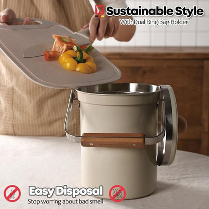 Kitchen Countertop Compost Bin 101ounces / 3Liters, Airtight Lid SUS304 Stainless Steel Odor-Free Food Waste Bin with Wooden Handle Stylish Design Bathroom Trash Can (Off-White)