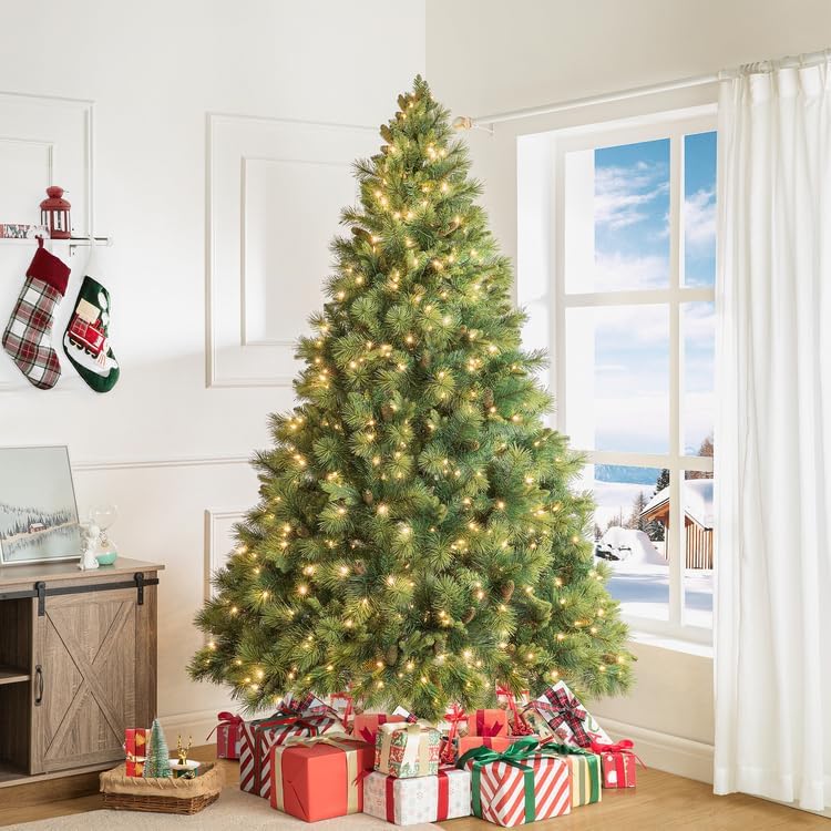 Naomi Home 7.5ft Christmas Tree with Lights, Realistic Traditional Prelit with Pine Cones, Foot Pedal 1556 Branch Tips, 750 Warm Lights and Metal Stand, Aritificial Tree