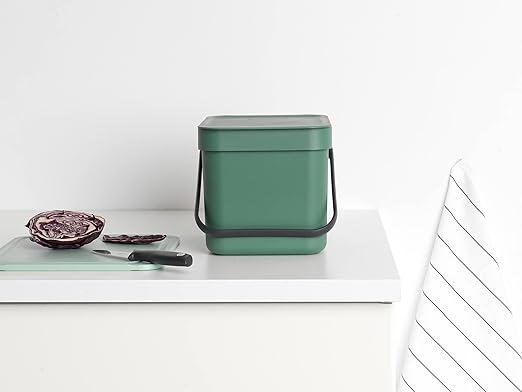 Brabantia Sort & Go Kitchen Countertop Food Scraps Compost Bin | XS / 1.6 Gal / 6L | Fir Green | Removable Stay-Open Lid, Carry Handle, Easy-Clean Recycling Box | Wall-Mounting Bracket Included