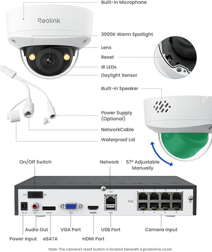 REOLINK 4K Security Camera System, 4pcs 4K UHD IK10 Vandalproof PoE Surveillance Cams Outdoor, 8CH NVR 2TB HDD, Color Night Vision, Smart Detection, 2-Way Talk, IP67 Weatherproof, RLK8-800V4