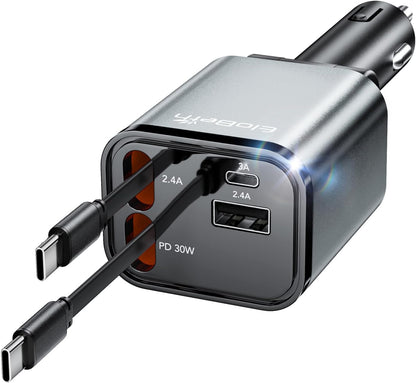 Retractable Car Charger, 4 in 1 Fast Car Phone Charger 66W, 2 Retractable Cables and 2 USB Port, Compatible with iPhone 16/15/14/13/12/11,Galaxy,Pixel