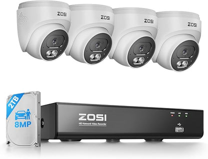 ZOSI C220 4K 8MP 8CH POE NVR Security Camera System (16CH Expandable), 4 x 8MP PoE IP Dome Cameras Outdoor Indoor, AI Human/Vehicle/Face Detection, One-Way Audio, 100ft IR Night Vision, 2TB HDD