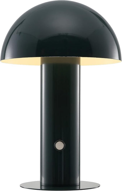 JONATHAN Y 10.75" Forest Green Rechargeable LED Mushroom Table Lamp, Cordless Portable Bedside Lamp for Living Room Bedroom, 3-Way Dimmable Modern Iron Desk Light, Metal Shade (JYL7115D)