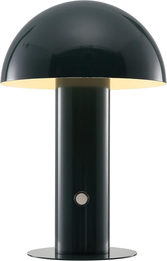 JONATHAN Y 10.75" Forest Green Rechargeable LED Mushroom Table Lamp, Cordless Portable Bedside Lamp for Living Room Bedroom, 3-Way Dimmable Modern Iron Desk Light, Metal Shade (JYL7115D)