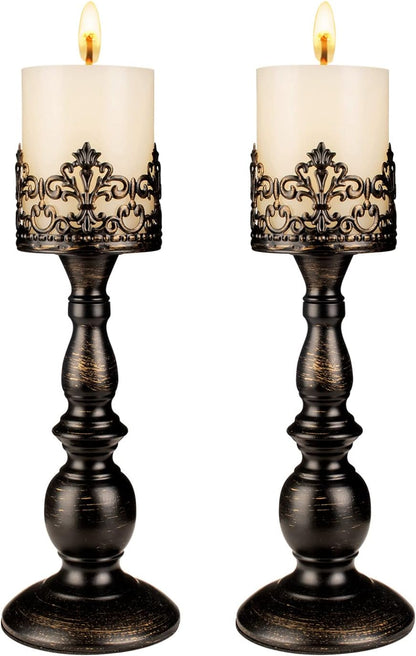 Candle Holders for Pillar Candles Gothic Matte Black Vintage Tall Candle Holders Set of 2 Decorative Large Table Centerpieces Candle Stand Decor (Distressed Black 2PCS A)