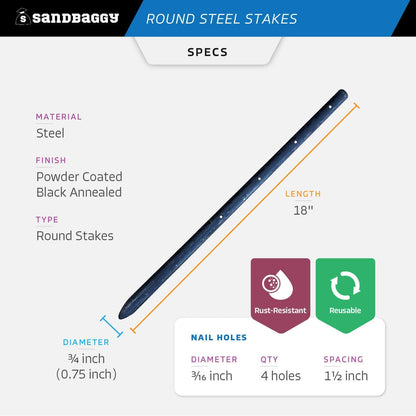 Sandbaggy Round Steel Concrete Form Stakes with Nail Holes - Rust Resistant Coating - Removable, Reusable (1000, 3/4 in X 18 in)