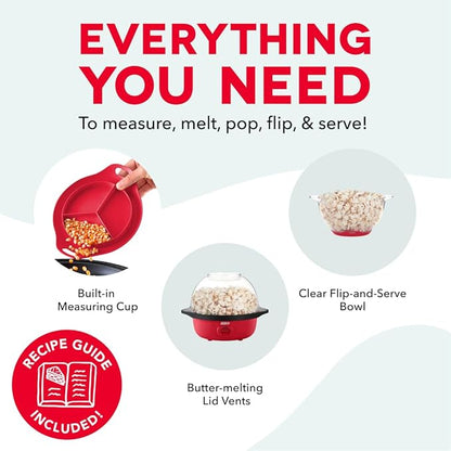 Dash SmartStore Stirring Popcorn Maker - Hot Oil Electric Popcorn Popper with Butter-Warming Tray, Clear Serving Bowl & Measuring Cup - 12 Cups, Red