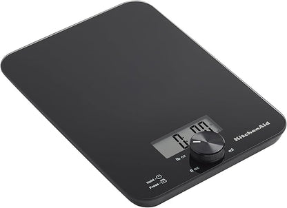 KitchenAid KQ914BA Digital Glass Top Kitchen and Food Scale, 11 lb Capacity, Measures Liquid & Dry Ingredients, Rotating Knob, Precise Results for Baking, Cooking, Keto and Meal Prep, Tare, Black