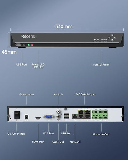 REOLINK 36CH Network Video Recorder for Home Security Camera System, Only Work with 16MP/12MP/4K/8MP/5MP/4MP REOLINK PoE Security Camera, Integrated O/I Alarm System, No HDD Included, RLN36