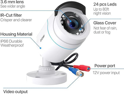 ZOSI 4 x 2MP 1080p HD-TVI Home Security Camera Outdoor Indoor 1920TVL,24PCS LEDs,80ft Night Vision, 90°View Angle, Weatherproof Outside Surveillance CCTV Bullet Camera