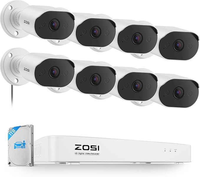 ZOSI 8CH Home Security Camera System with Audio, Person Vehicle Detection, Night Vision, 8pcs 1080P Outdoor Indoor Cameras, 8 Channel H.265+ Surveillance CCTV DVR with 1TB HDD for 24/7 Recording