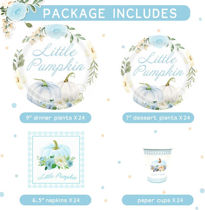 Aukolass Pumpkin Party Supplies Tableware Set - Fall Theme Party Decorations Including Plates, Napkins and Cups for Pumpkin Birthday and Baby Shower Party, Serves 24 Guests (blue)