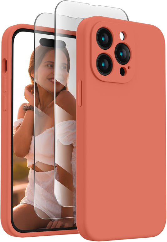 FireNova for iPhone 14 Pro Case, Silicone Upgraded [Camera Protection] Phone Case with [2 Screen Protectors], Soft Anti-Scratch Microfiber Lining Inside, 6.1 inch, Pink Pomelo