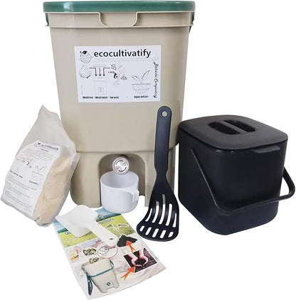 20L Bokashi Bucket with Air Sealing Lid, 5.28 Gallon Compost Bin, Kitchen Composter with Bran, Kitchen Compost Pail, ecocultivatify Bokashi Kit Set with Starter (Tan & Dark Green)