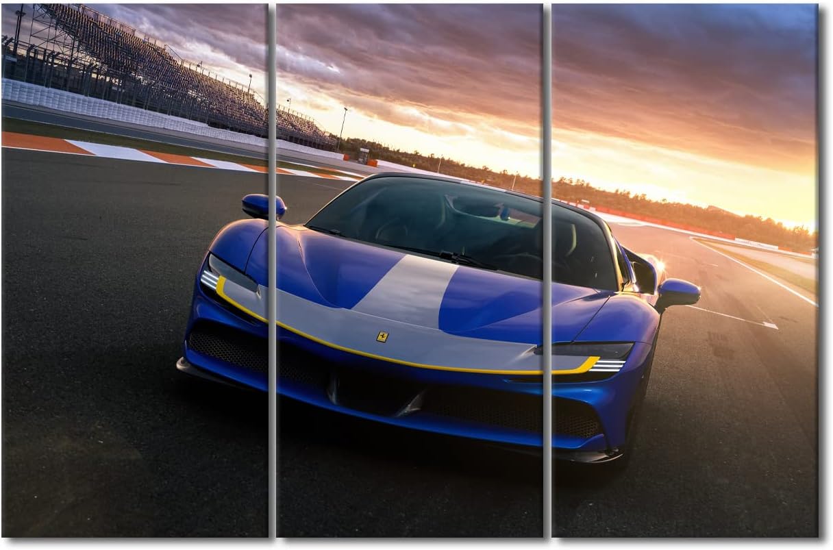 TUMOVO Wall Art for Living Room Blue Sports Car Bedroom Wall Decor Supercar on the Runway Wall Paintings for Office Speed Car Print On Canvas Modern Artwork Stretched Framed Ready to Hang, 42" Wx28 H