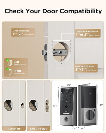 TCL Smart Lock D2 Pro with Palm Vein Recognition, Keyless Entry Door Lock for Front Door, Wi-Fi Keypad Deadbolt, App Remote Control, Auto Lock, Rechargeable Battery, Works with Alexa & Google