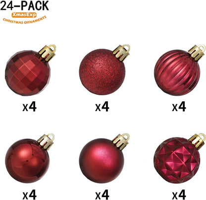 XmasExp 24ct Christmas Ball Ornaments Shatterproof Christmas Ornaments Set Decorations for Xmas Tree Balls(1.57''/40mm, Burgundy)