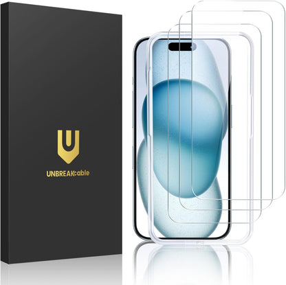 UNBREAKcable 2-Pack Screen Protector for iPhone 15 Plus, Double Shatterproof Tempered Glass [Easy Installation Frame] [9H Hardness] [99.99% HD Clear] [Case Friendly] for iPhone 6.7 inch