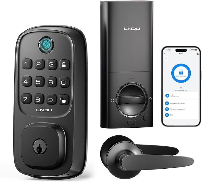 Keyless Entry Door Lock, WiFi Smart Keypad Deadbolt with Handle Set, Supports Fingerprint, Amazon Alexa, Google Assistant, App Control, Auto-Lock, One-Time Code, Anti-Peeking Password