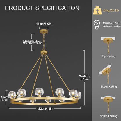 Gold Wagon Wheel Chandelier, 48 Inch Brass Chandeliers with Unique Glass Shade, 12-Light Crystal Large Wagon Wheel Chandeliers for Dining Room, High Ceiling Round Chandelier for Living Room, Foyer