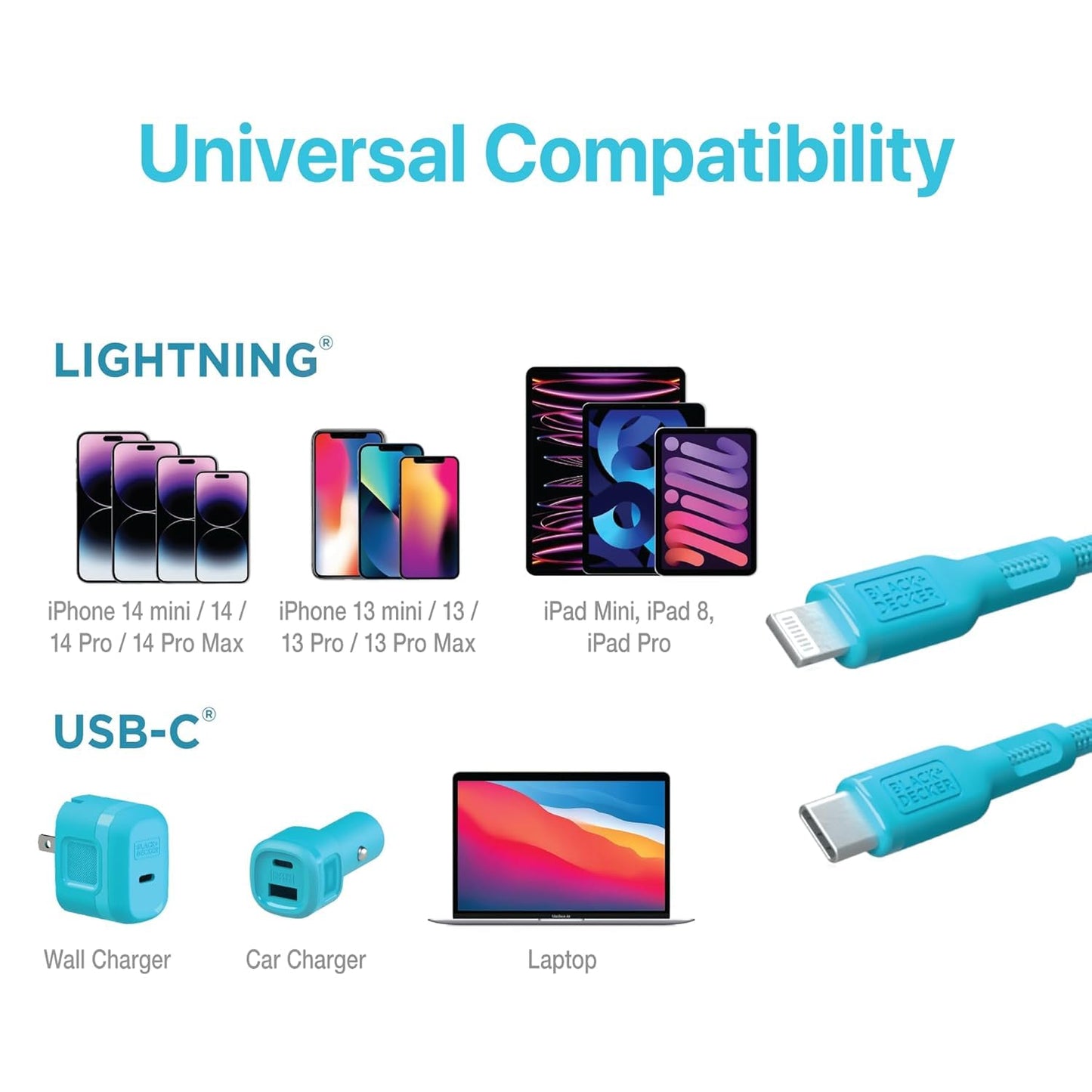 BLACK+DECKER USB C to Lightning Cable - Fast Compatible iPhone Lightning Cable - Durable Braided Type C iPhone Charger Cord - for Travel and Daily Use - Multiple Colors and Lengths - 9ft