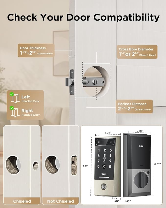 TCL Smart Lock D2 Pro with Palm Vein Recognition, Keyless Entry Door Lock for Front Door, Wi-Fi Keypad Deadbolt, App Remote Control, Auto Lock, Rechargeable Battery, Works with Alexa & Google