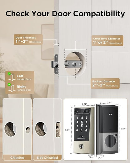TCL Smart Lock D2 Pro with Palm Vein Recognition, Keyless Entry Door Lock for Front Door, Wi-Fi Keypad Deadbolt, App Remote Control, Auto Lock, Rechargeable Battery, Works with Alexa & Google
