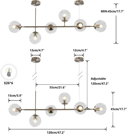 KCO Lighting 6 Light Bubble Glass Pendant Light Mid Century Modern Globe Sputnik Chandelier Linear Chandelier Lighting Brushed Nickel Hanging Light Fixture for Kitchen Island Dining Room