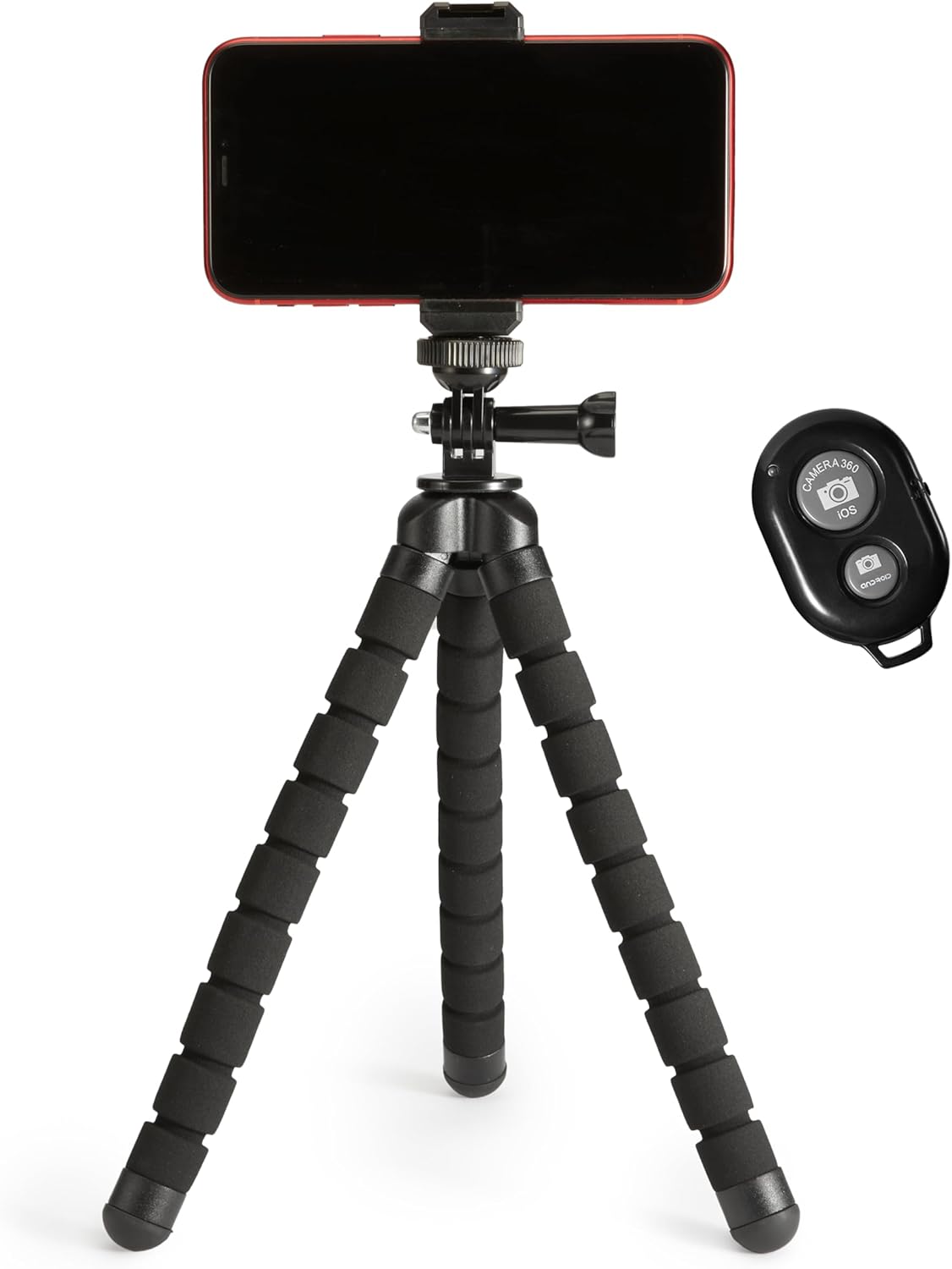 Amazon Basics Portable and Flexible Tripod with Wireless Remote and Smartphone Clamp, 10-inch long, Black