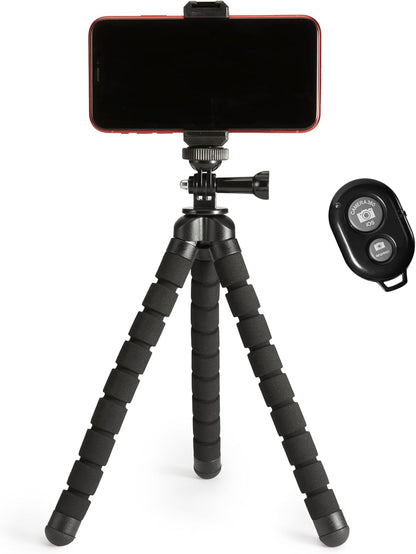 Amazon Basics Portable and Flexible Tripod with Wireless Remote and Smartphone Clamp, 10-inch long, Black
