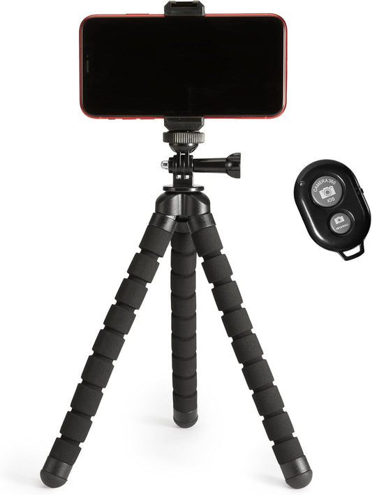 Amazon Basics Portable and Flexible Tripod with Wireless Remote and Smartphone Clamp, 10-inch long, Black