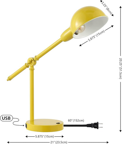 JONATHAN Y 20.25" Yellow Vintage Industrial Iron Adjustable Task Lamp with USB Charging Port for Office Desk, Metal Yellow Dome Shade, LED Bulb Included (JYL7123C)